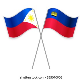 Filipino and Liechtenstein crossed flags. Philippines combined with Liechtenstein isolated on white. Language learning, international business or travel concept.