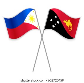 Filipino and Papuan crossed flags. Philippines combined with Papua New Guinea isolated on white. Language learning, international business or travel concept.