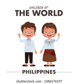 A Filipino or Pilipino boy and girl are wearing a traditional clothes or dress from Philippines as they are waving their hands saying hello