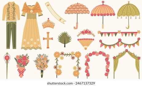 Filipino Santacruzan and Flores De Mayo festival elements set. Traditional pageant, cultural parade. Hand drawn vector illustrations.