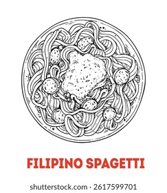 Filipino Spaghetti hand-drawn sketch - Traditional Filipino Food - Vector illustration. Top view