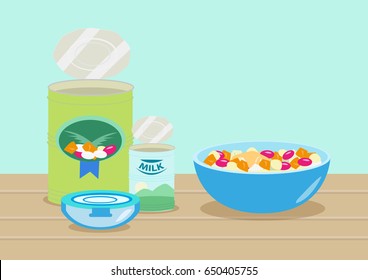 Filipino style Fruit Salad or Cocktail and its ingredients in cans. Editable Clip Art.