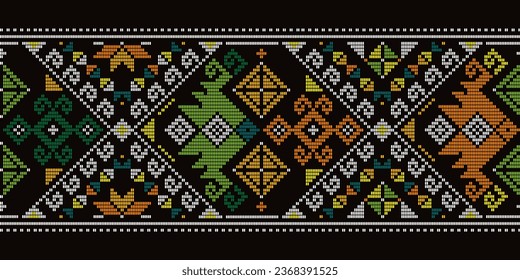 Arte tradicional filipino - Diseño horizontal largo y sin fisuras de tela yakan inspirado en el vector, textil retro o diseño de impresión de tela de Filipinas sobre fondo negro. Patrón de tejido geométrico del arte folclórico