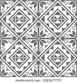 Filipino traditonal embroidery inspired vector seamless pattern - Yakan cloth design, geometric textile or fabric print design from Philippines in black and white. Retro abstract folk art pattern