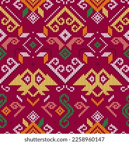 Filipino unique folk art - Yakan cloth inspired vector seamless pattern, retro textile or fabric print design from Philippines on red background. Traditional geometric weaving pattern, vibrant decor