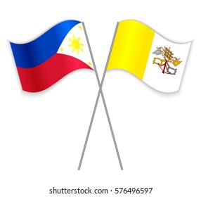 Filipino and Vatican crossed flags. Philippines combined with Vatican City State isolated on white. Language learning, international business or travel concept.
