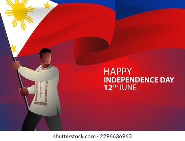 Filipino wearing traditional Philippines clothes holding the flag of Philippines, independence day, vector illustration