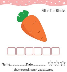 Fill in the blank,Carrots vegetables Word, Concept of food and fruit education.