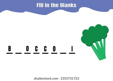 Fill in the blanks: Broccoli. Educational game for kids. Printable worksheet design.