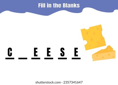 Fill in the blanks: Cheese. Educational game for kids. Printable worksheet design.