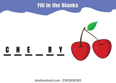 Fill in the blanks: Cherry. Educational game for kids. Printable worksheet design.