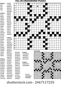 Rellene el rompecabezas de crucigramas en blanco con cuadrícula de estilo americano de tamaño 21x21, 70 bloques, 110 palabras, una letra revelada. Letra H como pista. Respuesta incluida.
