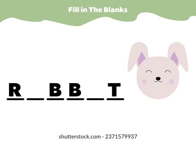 Fill in the blanks. Educational game for kindergarten or elementary students. Printable spelling worksheet for kids. Simple vector illustration of rabbit.
