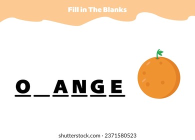 Rellene los espacios en blanco. Juego educativo para estudiantes de preescolar o elemental. Hoja de cálculo ortográfica imprimible para niños. Simple ilustración vectorial del naranja.