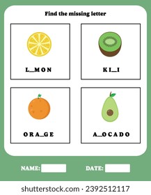 Fill in the blanks. Educational spelling game for preschool, kindergarten or elementary kids.