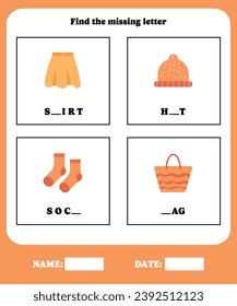 Fill in the blanks. Educational spelling game for preschool, kindergarten or elementary kids.