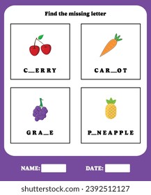 Fill in the blanks. Educational spelling game for preschool, kindergarten or elementary kids.