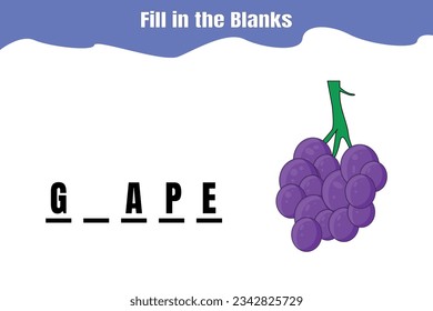 Fill in the blanks: Grape. Educational game for kids. Printable worksheet design.