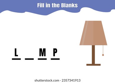 Fill in the blanks: Lamp. Educational game for kids. Printable worksheet design.
