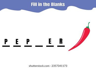 Fill in the blanks: Pepper. Educational game for kids. Printable worksheet design.