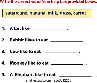 Fill in the blanks, worksheet page for kindergarten, select correct option