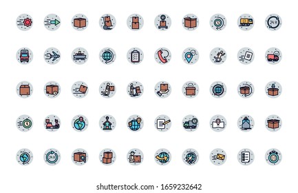 fill block style icon set design, Delivery logistics transportation shipping service warehouse industry and global theme Vector illustration