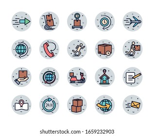 diseño de conjunto de iconos de estilo de bloque de relleno, logística de entrega transporte almacén de servicios de envío industria y tema global Ilustración de vectores