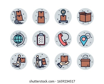 fill block style icon set design, Delivery logistics transportation shipping service warehouse industry and global theme Vector illustration