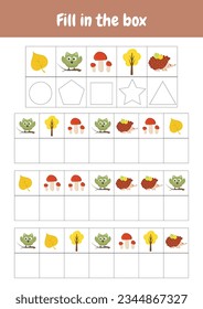 Fill in the box. Decode encode picture. Printable worksheets activities preschool education, kindergarten, homeschooling, pedagogical purpose. Logical game early cognitive development. Autumn objects.