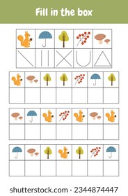 Fill in the box. Decode encode picture. Printable worksheets activities preschool education, kindergarten, homeschooling, pedagogical purpose. Logical game early cognitive development. Autumn objects.