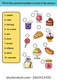 fill in the correct number in front of the picture education worksheet for kids illustration vector