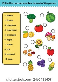rellene el número correcto delante de la hoja de cálculo de educación visual para niños ilustración Vector