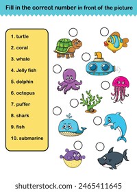 fill in the correct number in front of the picture education worksheet for kids illustration vector