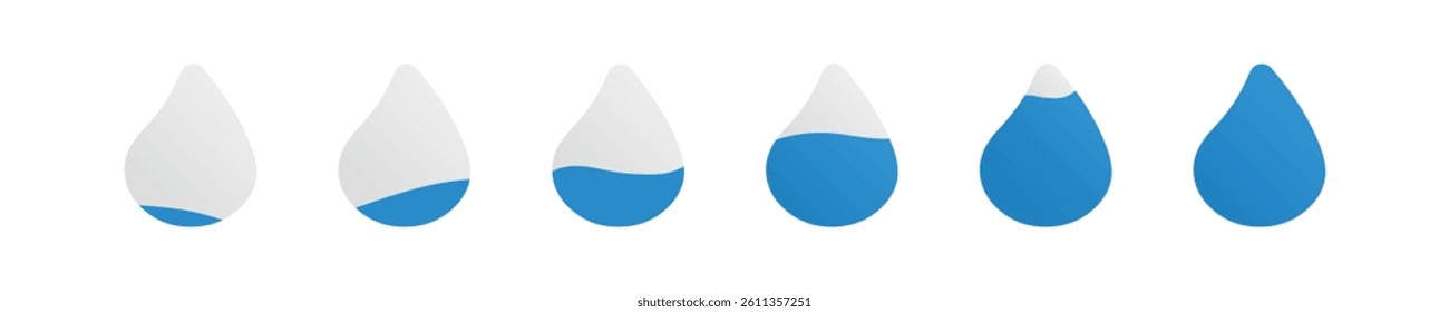 Fill droplet icon set. Progress drop sign. Droplet icon in vector design style. Saturation water indicator illustration. Water volume. Moisture