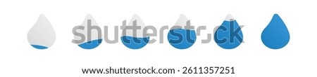 Fill droplet icon set. Progress drop sign. Droplet icon in vector design style. Saturation water indicator illustration. Water volume. Moisture