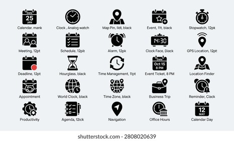Fill icons represent various time and location concepts including calendar dates analog clocks stopwatches map pins and alarms illustrating meetings deadlines and appointments essential for business and personal planning.