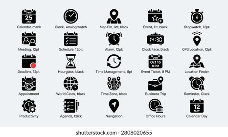 Fill icons represent various time and location concepts including calendar dates analog clocks stopwatches map pins and alarms illustrating meetings deadlines and appointments essential for business and personal planning.