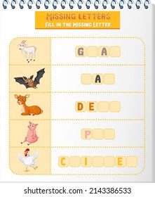 Fill the missing letter of each word worksheet for children illustration