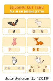 Fill the missing letter of each word worksheet for children illustration