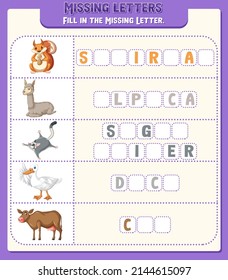 Fill the missing letter of each word worksheet for children illustration