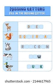 Fill the missing letter of each word worksheet for children illustration