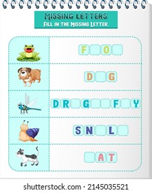 Fill the missing letter of each word worksheet for children illustration