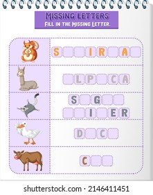 Fill the missing letter of each word worksheet for children illustration