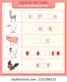 Fill the missing letter of each word worksheet for children illustration