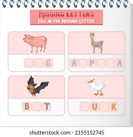 Fill the missing letter of each word worksheet for children illustration
