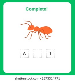 Fill in the missing letters activity for kids, Educational game for children, Vocabulary-building activity with an insect theme.