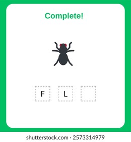 Fill in the missing letters activity for kids, Educational game for children, Vocabulary-building activity with an insect theme.