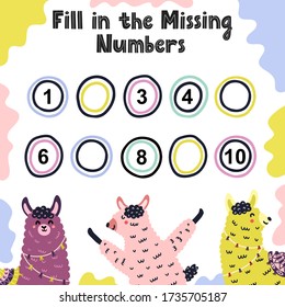 Fill in the missing numbers activity game for kids. Educational worksheet. Maths exercise for toddlers. Vector illustration