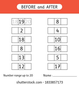 Fill in the missing numbers. Before and after. Number range up to 20. Mathematic. Worksheets for kids. Vector illustration