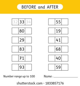 Fill in the missing numbers. Before and after. Number range up to 100. Worksheets for kids. Mathematics. School. Vector illustration